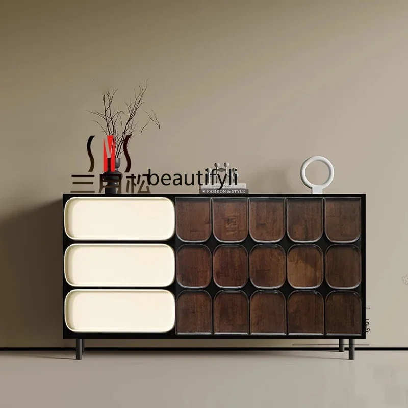 

Medieval style dining side cabinet integrated storage side cabinet against the wall walnut color porch cabinet6005