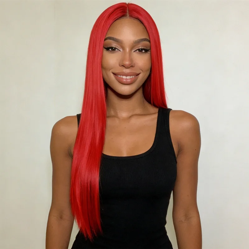 

Wig for African women, red, middle-parted, long straight synthetic hair, European and American style