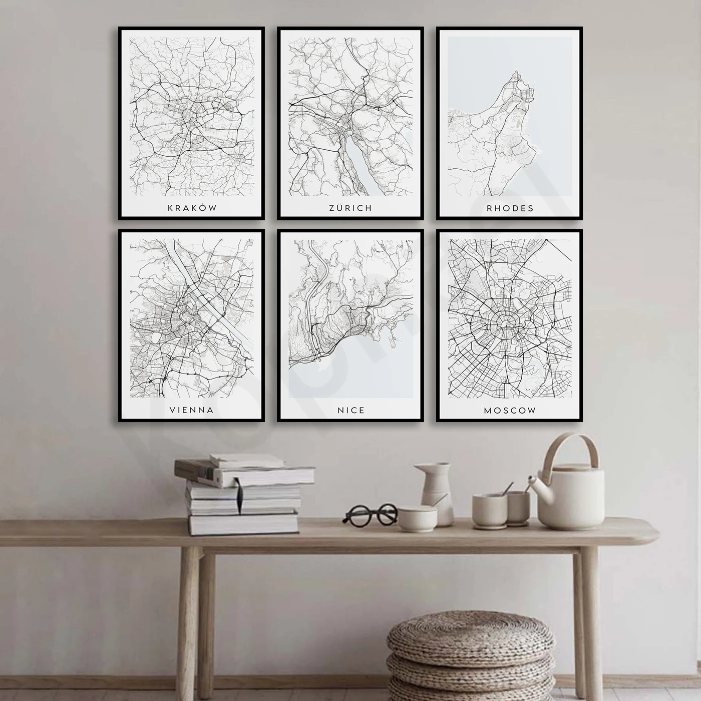 Hamburg Moscow Vienna Zurich Rhodes Krakow Lisbon Copenhagen Rome Munich Stockholm. City Travel Map Poster
