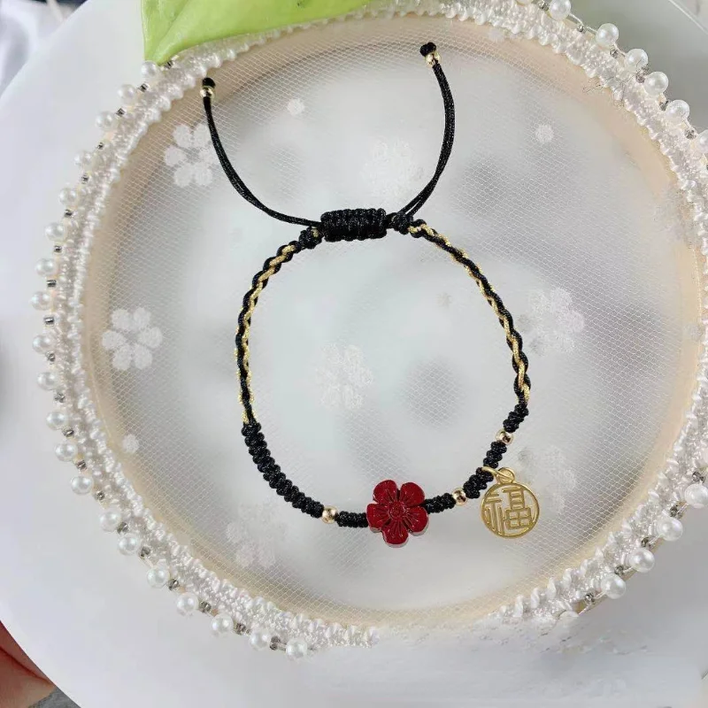 Chinese Style Cinnabar Little Red Flower Lucky Bracelets for Women \'Fu\' Word Brand Retro Hand-Woven Red Rope Jewelry Girls Gifts