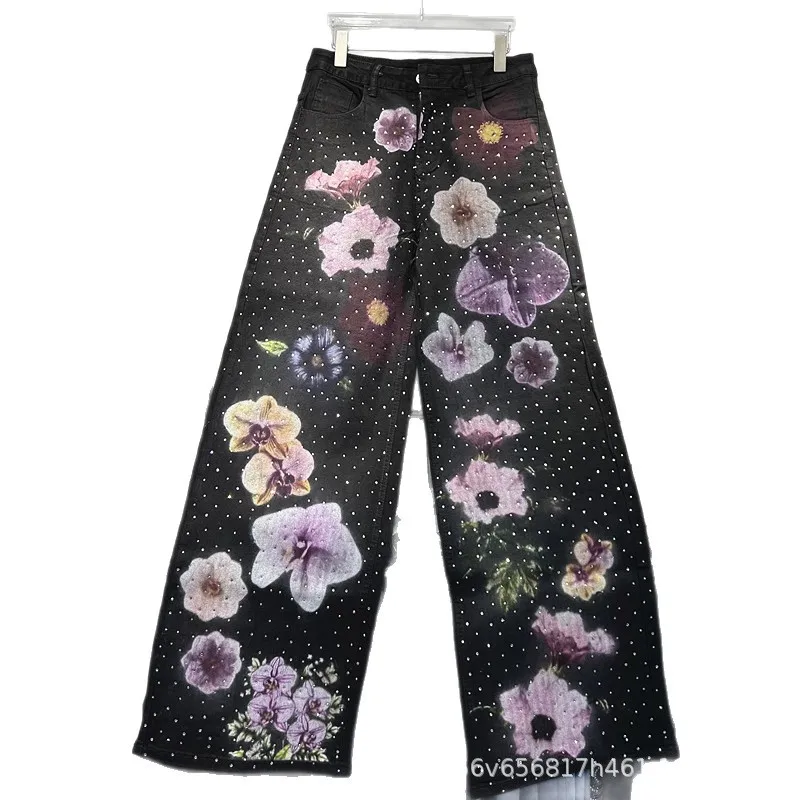 トレンドプリントワイドレッグデニムパンツ レディース 春新作 ハイウエスト フルダイヤモンド ストレートジーンズ モッピングフロア カジュアルパンツ