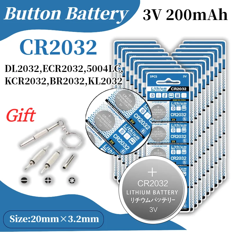 

CR2032 3V Lithium Battery 200mAh for Car Remote Key Fob, Calculator, Watch, Toy, Scale - DL2032 BR2032 KCR2032 Coin Cell
