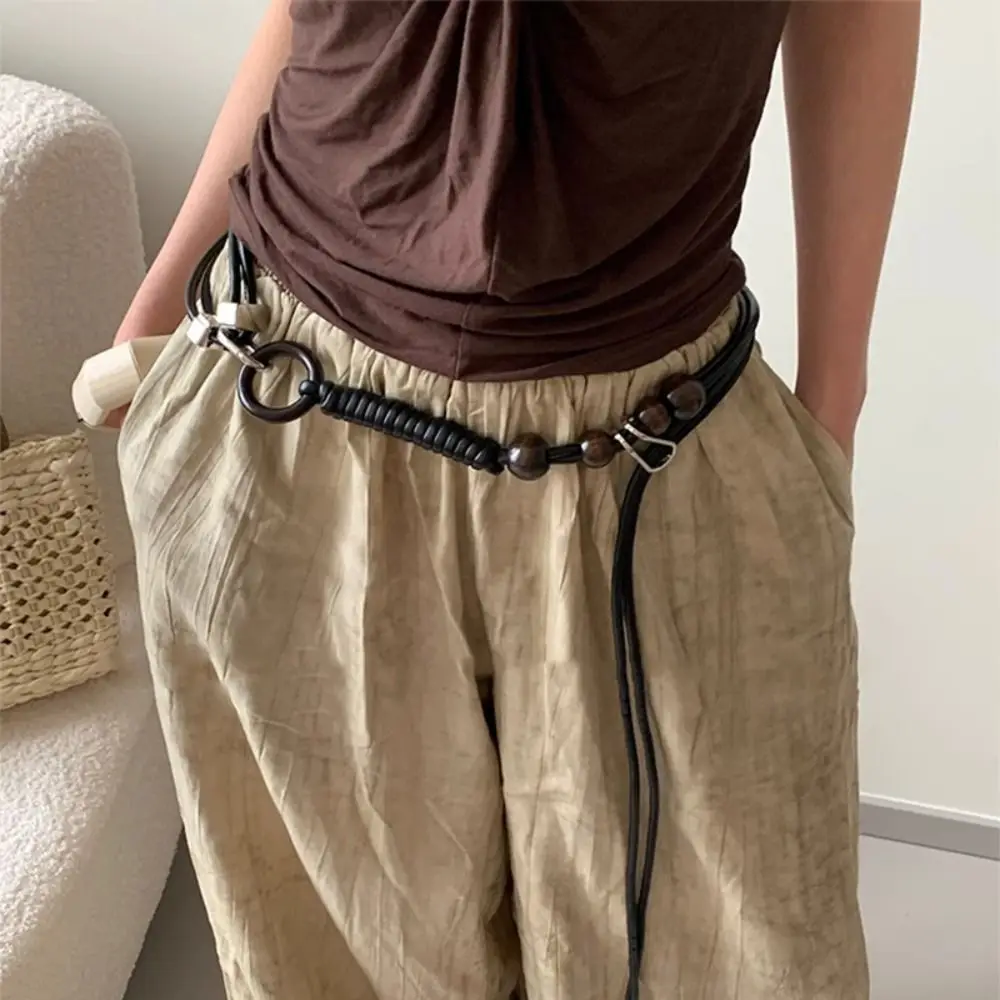 حزام خرز خشبي من جلد البولي يوريثان القديم مع عقدة فنية، حبل خصر متطابق تمامًا، سلسلة خصر مضفرة سوداء قابلة للتعديل للنساء #4