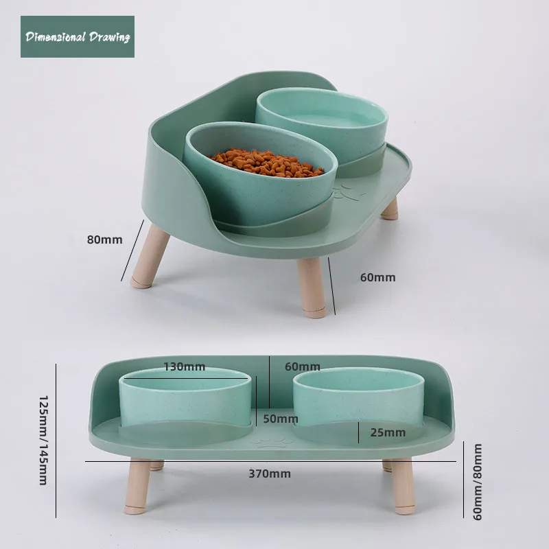 Cat Double Bowl Safety with Wood Stand and Silicone Mat Kitten Puppy Food Water Feeding Elevated Dish Dog Supplies Spill-Proof