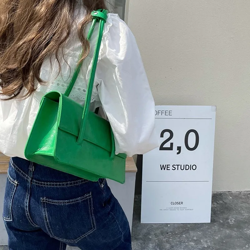 New Korean Style Summer Simplicity Women Flap Baguette Bag Lady Smooth Versatile Green Shoulder Bags Female Niche Design Handbag - view 2