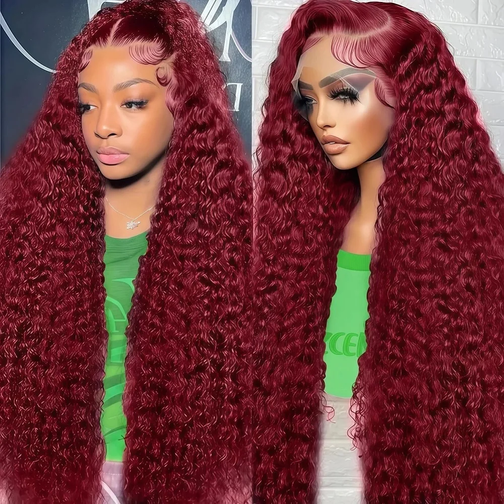 99J Burgundy Colored Deep Wave 200 Density 13x6 Transparent Lace Frontal Human Hair Wigs 44 46 Inch 13x4 HD Full Lace Front Wigs