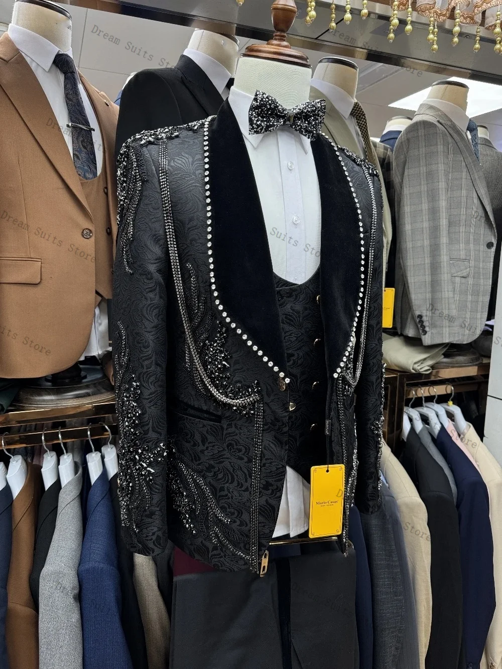 Ensemble de costume 2 pièces en cristal Jacquard noir pour hommes, Blazer + pantalon, veste de bureau formelle personnalisée, Tuxedos de mariage pour marié, manteau de bal