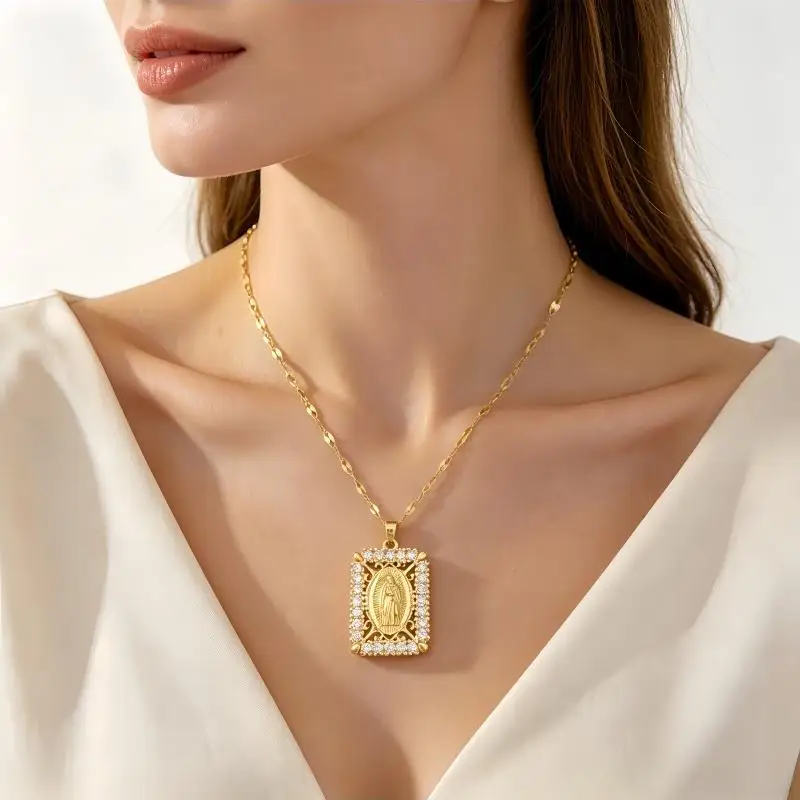 Gold Plated Mary Necklace CZ Heart Choker Shiny Titanium Steel Religious Jewelry for Wedding Guest Wear