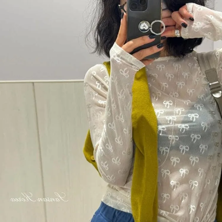Vintage See Through T Shirt Women White Y2k Fairycore Mesh Tops Streetwear Bow Korean Style Crop Summer Spring