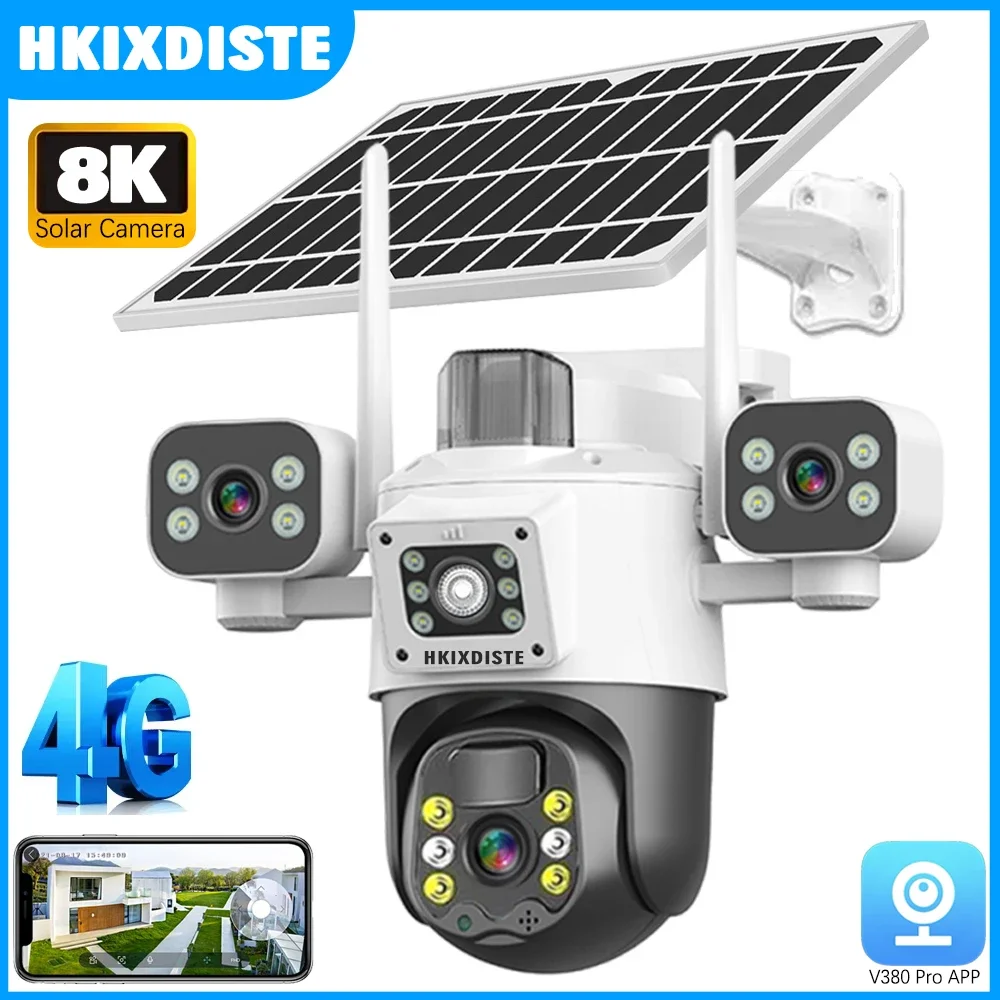

4G SIM Card Solar Camera 15MP 8K Outdoor Triple Screen CCTV Waterproof Night Vision Two-Way Motion Tracking IP Camera V380 PRO