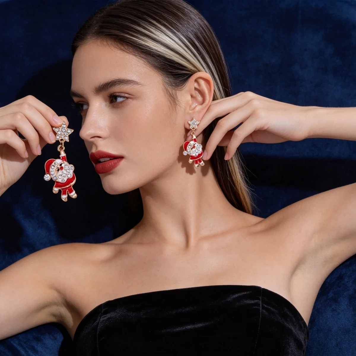 Weihnachts-Strass-Stern-Weihnachtsmann-Ohrhänger für Damen, modische rote Schleifen-Weihnachtsstangen-Weinglas-Socken-Ohrringe, Neujahrs-Schmuck – Detail 10
