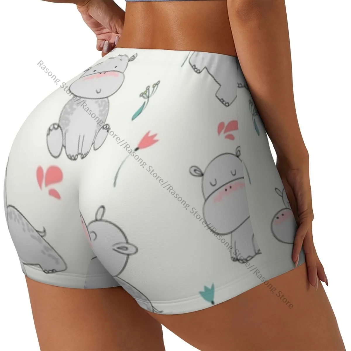 

Spandex Yoga Shorts for Women Cute Hippo Pattern Workout Booty Shorts