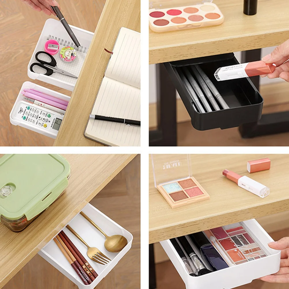 Under Desk Drawer Organizer Invisible Storage Box Self-Adhesive Stationary Container Desk Makeup Holder Black