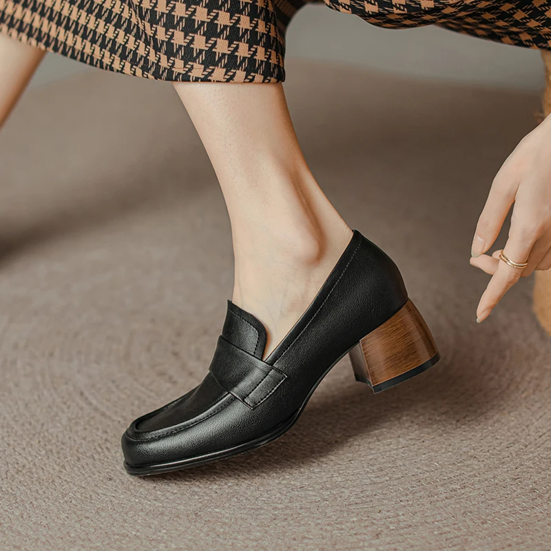 2023 Spring New High Heels Loafers Women Pumps Genuine Cow Leather Round Toe Platform Shoes Ladies Handmade Black Women Shoes