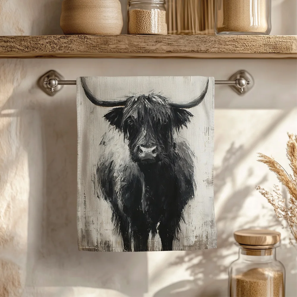 1pc Retro Oil Painting Style Highland Cow Printed Scrub Cloth，Soft Face Towel & Hand Towel，Perfect for Kitchen，Dining Room, Farm