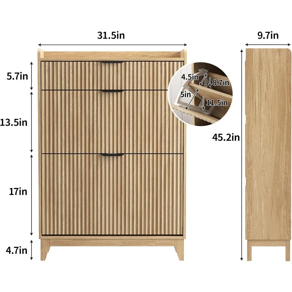 خزانة أحذية مخددة مع درجين قابلين للطي ودرج كبير، وحدة تخزين أحذية قائمة بذاتها مع رف قابل للتعديل، ومنظم أحذية #3