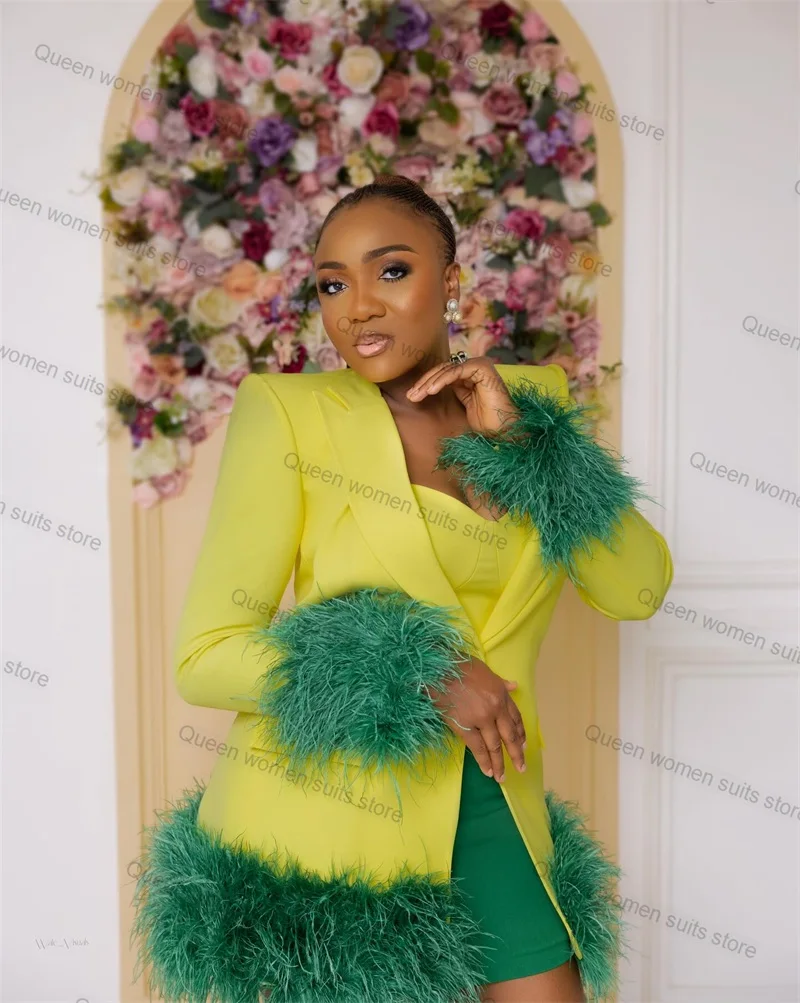 Feather Women Suit Skirt Set 2 Piece Blazer+Short Mini Green Prom Dress Wedding Tuxedo Formal Office Lady Jacket Coat Tailored