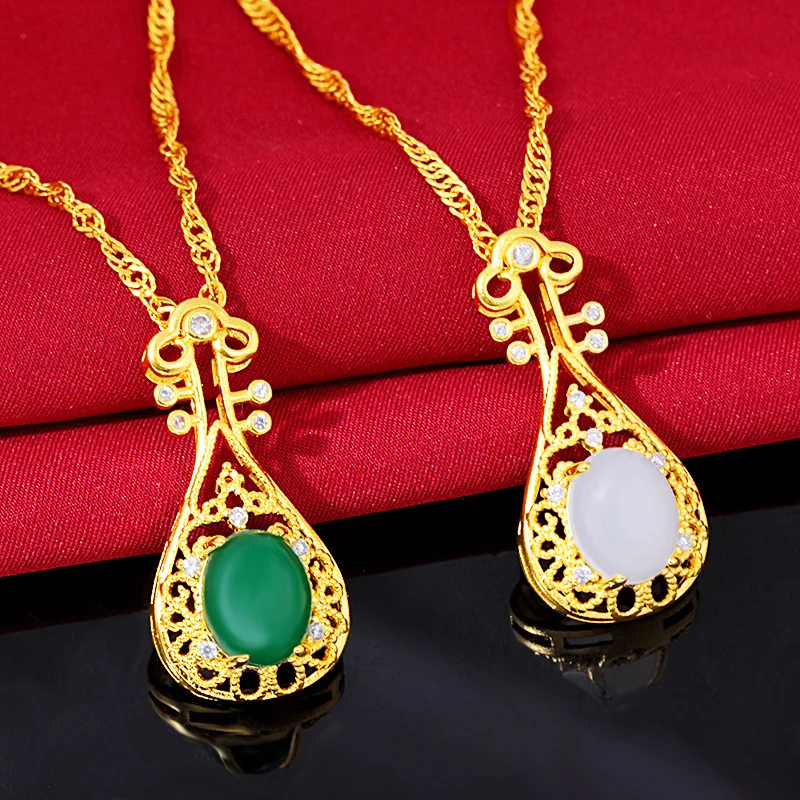 Comfortable Lightweight Inlaid Gemstone Lute Pendant Necklace For Women 24K Gold AU999 | No burden, skin-friendly and natural