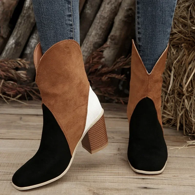 Female Shoes on Sale 2024 High Quality Sleeve Women Boots Winter Square Toe Mixed Colors Middle Barrel Block Heel Fashion Boots