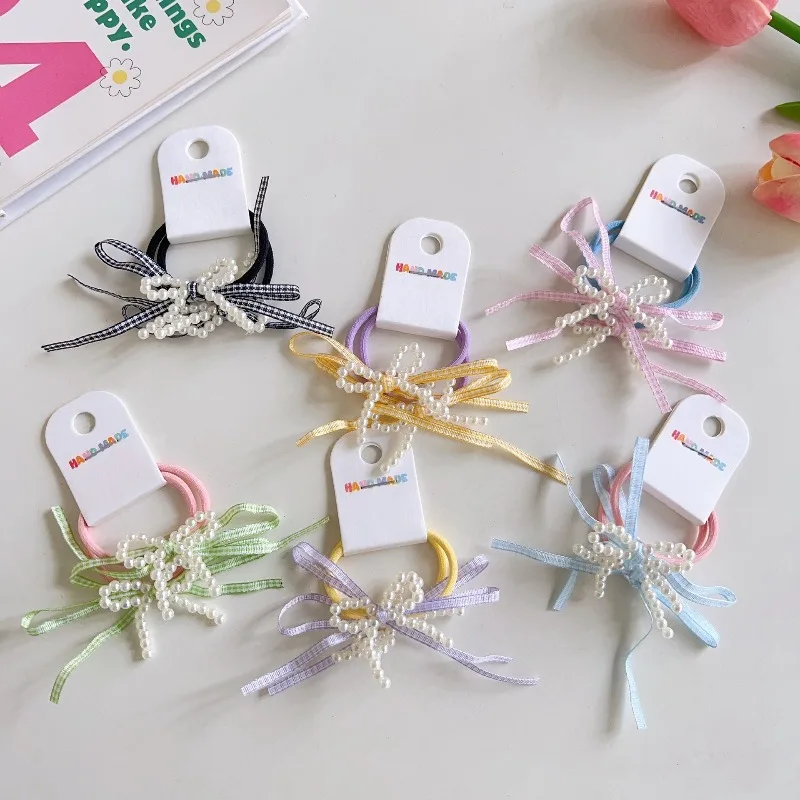 

Резинки для волос с жемчужными бантиками для девочек, в корейском стиле, с клетчатой лентой, тканевые, милые, нежные, нескользящие, для хвостиков