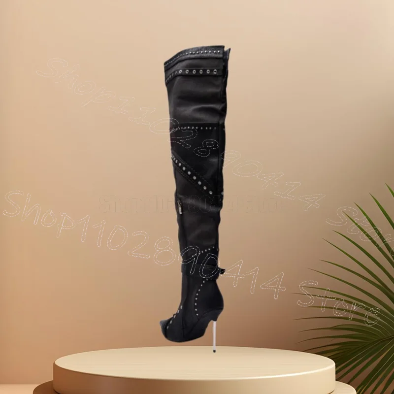 

Rhinestone Decor Gray Pointed Toe Metal Heel Boots Side Zipper Women Shoes Thin High Heels Party Feast 2025 Zapatos Para Mujere