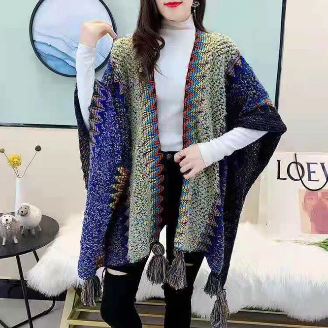 

Women Knitting Poncho Capes Autumn New Female Fashion Bohemian Poncho Cloak Tassel Winter Clothing Cardigan Scarf Tibet Purple