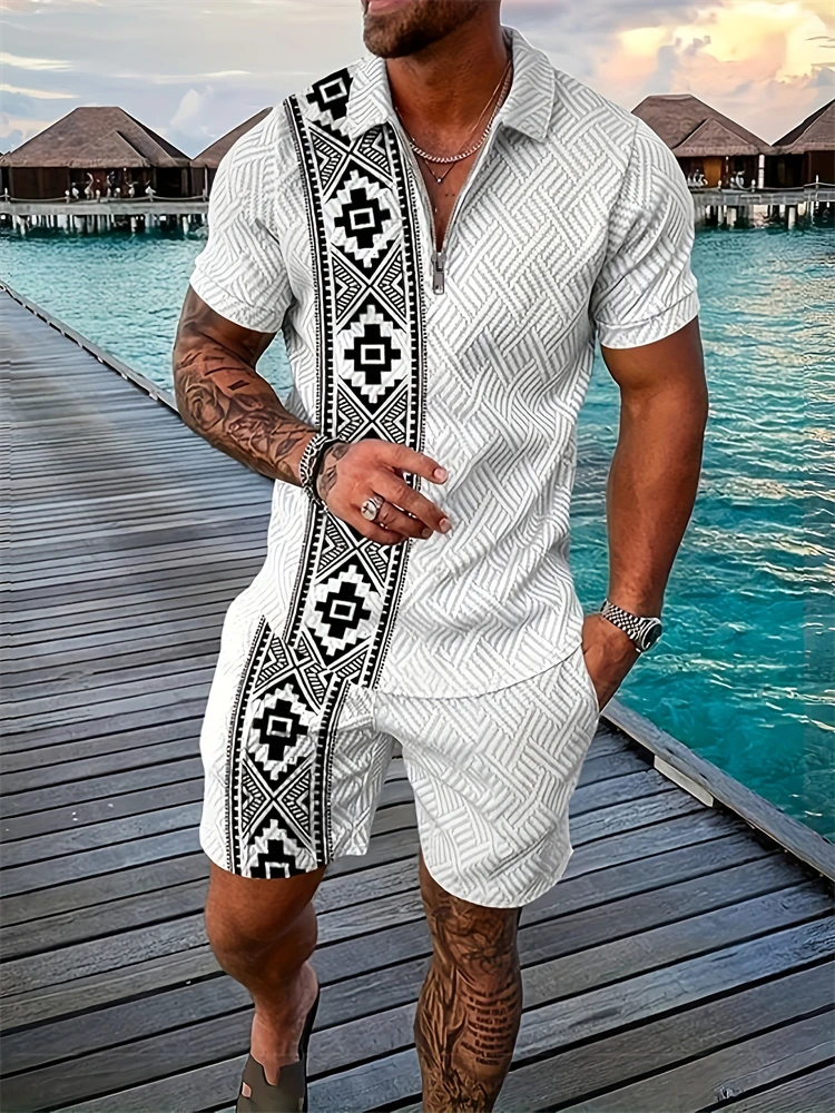 Moda de verano para hombre Polo estampado marrón y pantalones cortos con cremallera de 2 piezas, Conjunto de sudadera de vacaciones de gran tamaño, ropa de traje