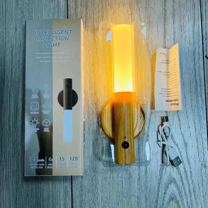 Luz LED nocturna de inducción de cuerpo humano, luz nocturna con Sensor de madera, recargable por USB, iluminación de pared de armario de pasillo con Base magnética