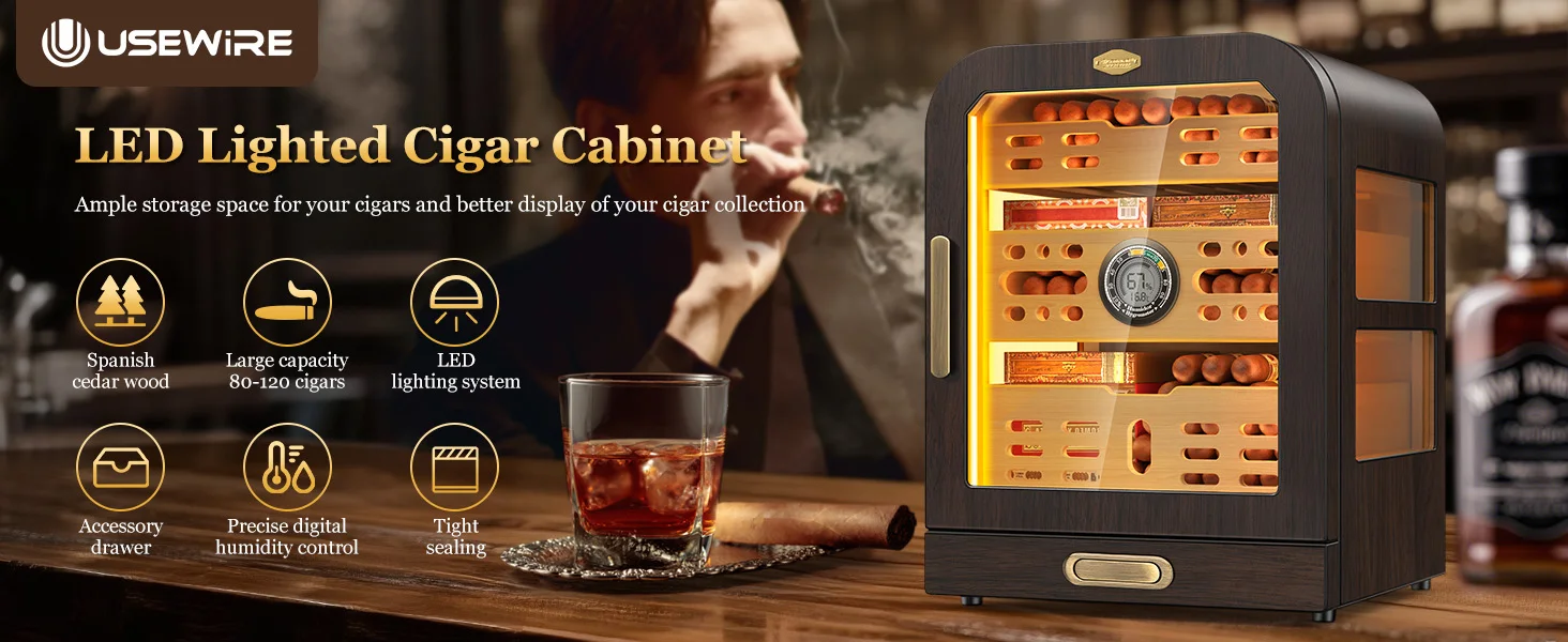 Zigarre-Humidor, Zigarrenschrank aus Zedernholz mit Schublade für 80–120 Zigarren, LED-Beleuchtungssystem, digitales Thermometer und 2 Luftbefeuchter – Detail 1