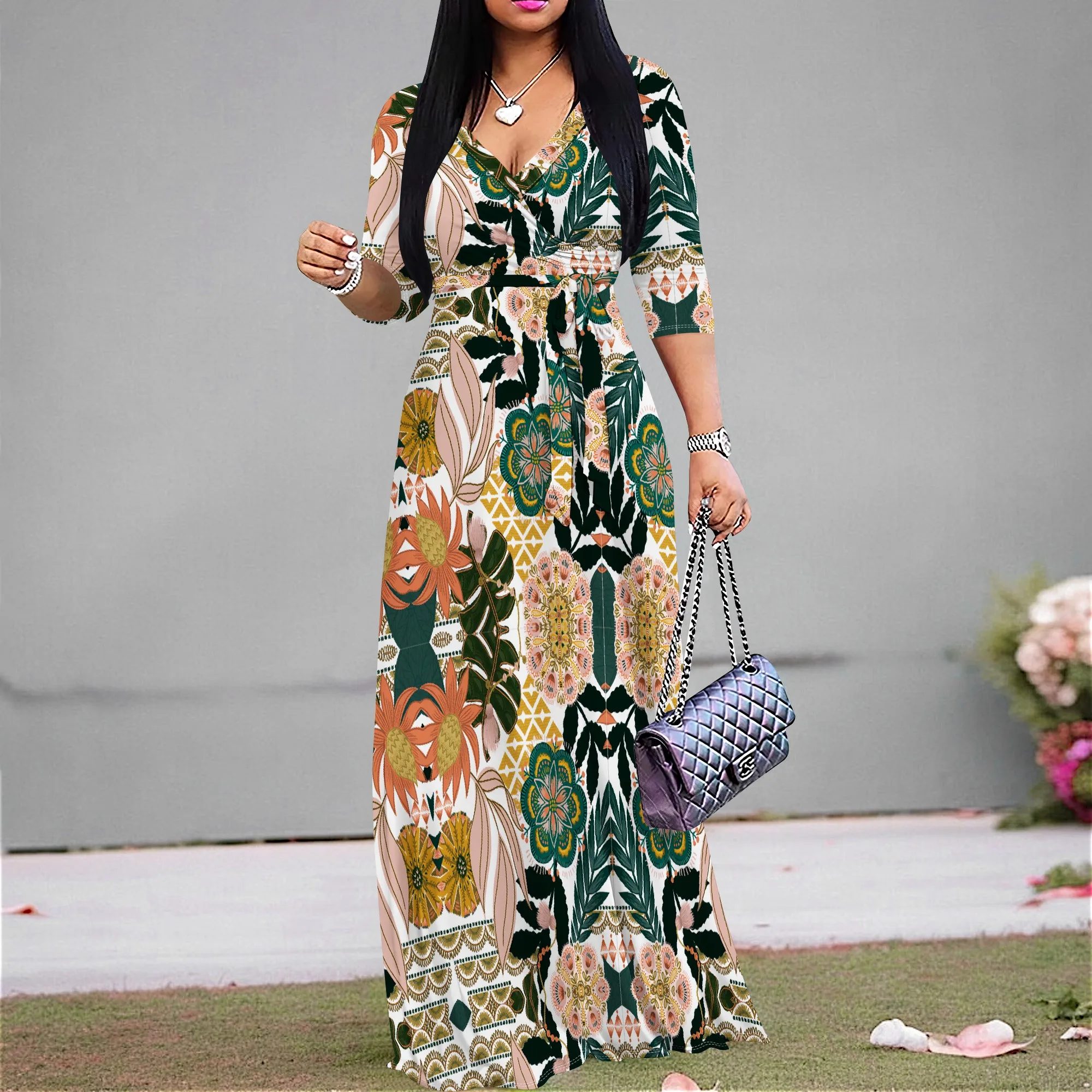 

Boho Tropical Flowers Graphics Dresses for Women V Neck Maxi Dress Flowy 3/4 Sleeve with Belt