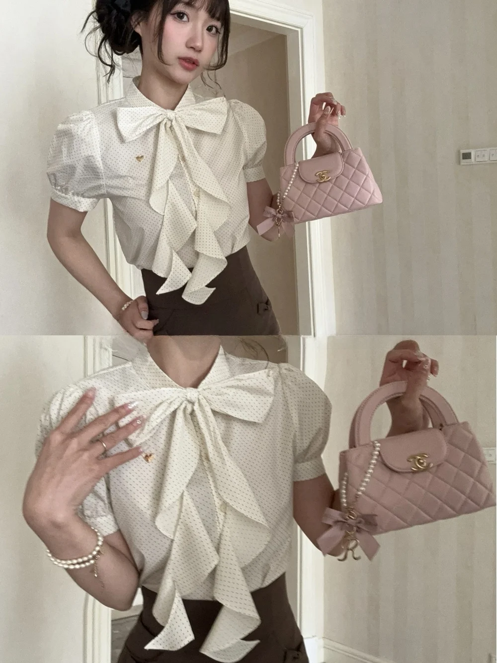 

Женская рубашка во французском стиле из чистого хлопка с пышными рукавами, бантом и узором в горошек, дышащая, приятная к телу, весенняя.