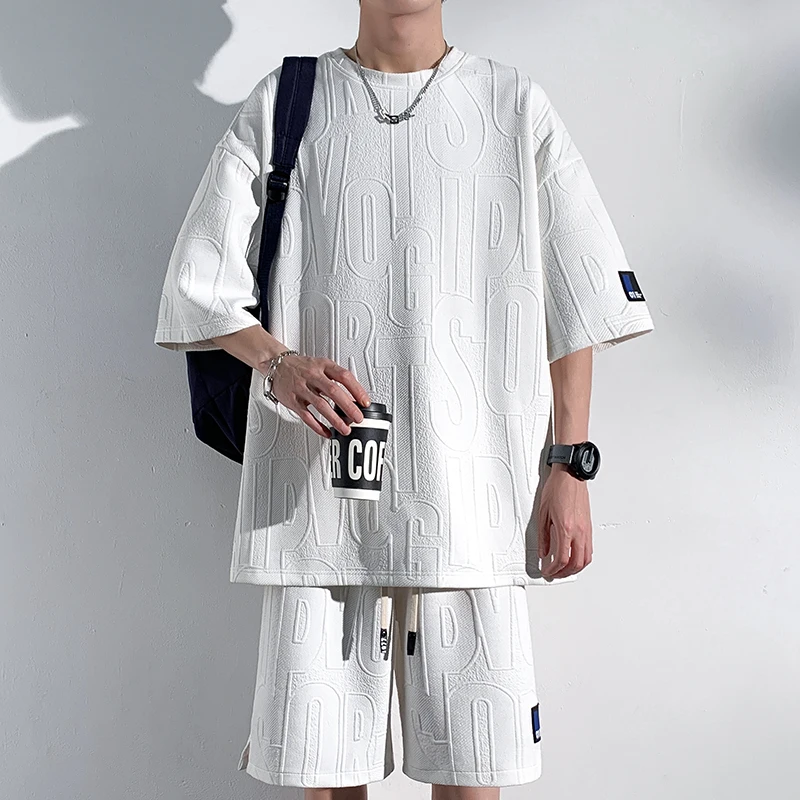 

Waffle Short-sleeved T-shirt Sports Shorts 3D Men's new Summer Suit Casual T-shirt + Shorts Suit Men's Tracksuit Solid Color Set