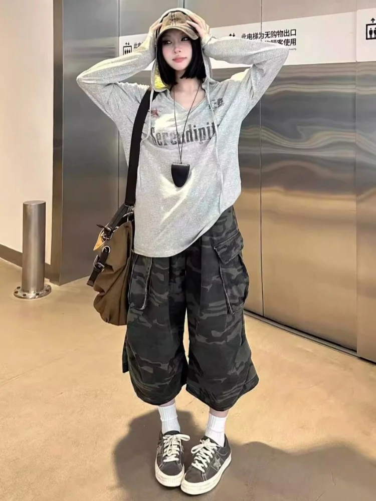 ヴィンテージレタープリントフード付き Tシャツ原宿女性カジュアルルーズストリートウェア 2025 プレッピーグランジ秋 Tシャツ Y2k 美学