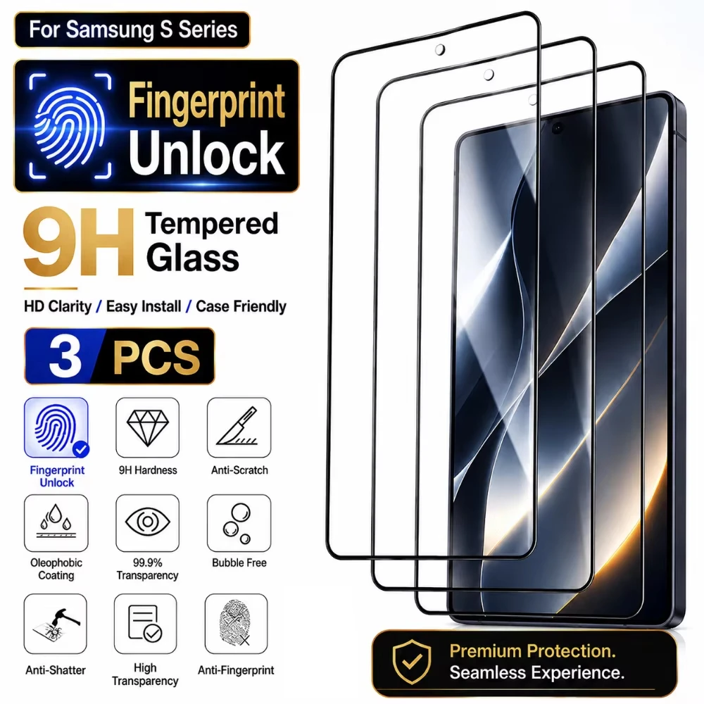 3 Stück Fingerabdruck-Entsperrung Panzerglas für Samsung S24 S25 S26 Ultra S23 S22 S25 Plus 5G Displayschutzfolie Vollabdeckung HD-Film
