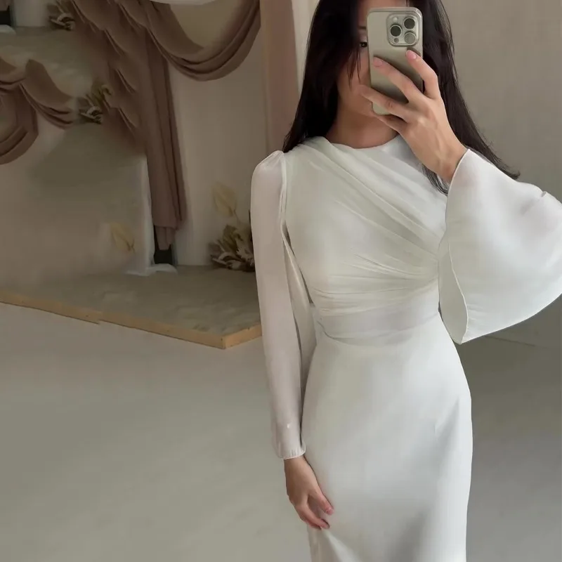 Vestido de noche empalmado de manga larga con cuello redondo, vestido Sexy elegante de Color sólido ajustado a la cadera, vestido largo de temperamento satinado a la moda para mujer