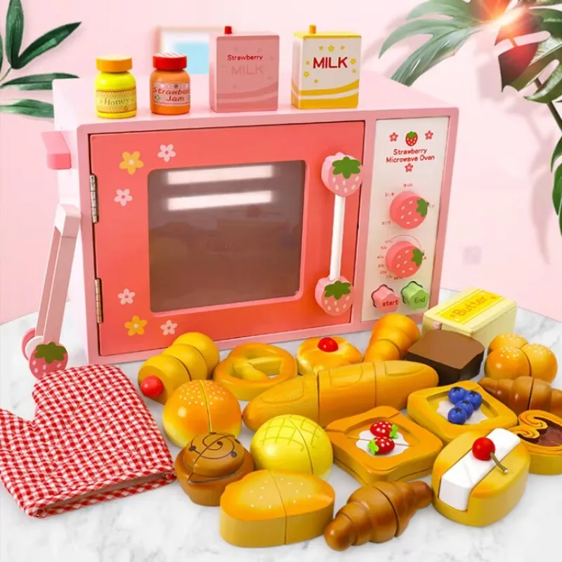 Children's Wooden Pretend Toys Bread Cake Shop Bakery Oven Accessories Set Wooden Children's Toys Bread Machine