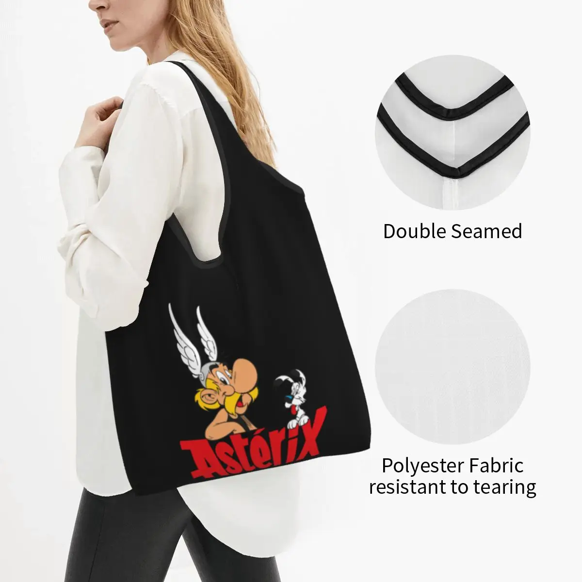 Custom Adventure Manga Asterix Shopping Bags Women Portable Large Capacity Groceries Dogmatix Obelix Manga Tote Shopper Bags