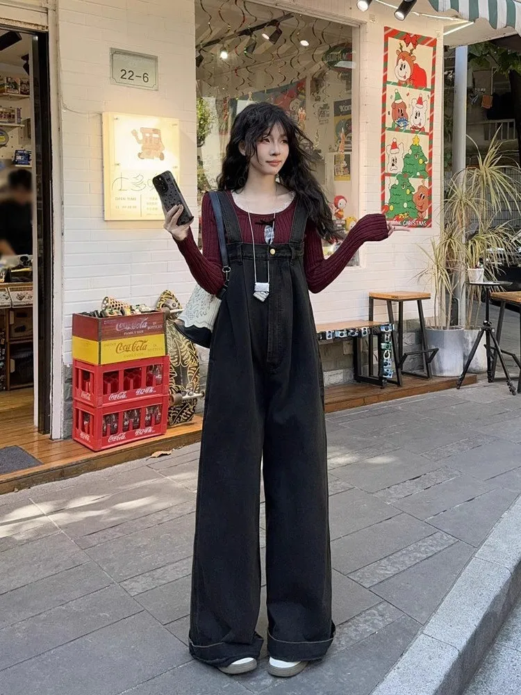 เอี๊ยมยีนส์สไตล์อเมริกันย้อนยุคสำหรับผู้หญิง ฤดูใบไม้ผลิ ฤดูใบไม้ร่วง ดีไซน์เกาหลี ทรงหลวม ช่วยให้ดูผอม ทรงตรง ยาวคลุมเท้า แบบชิ้นเดียว