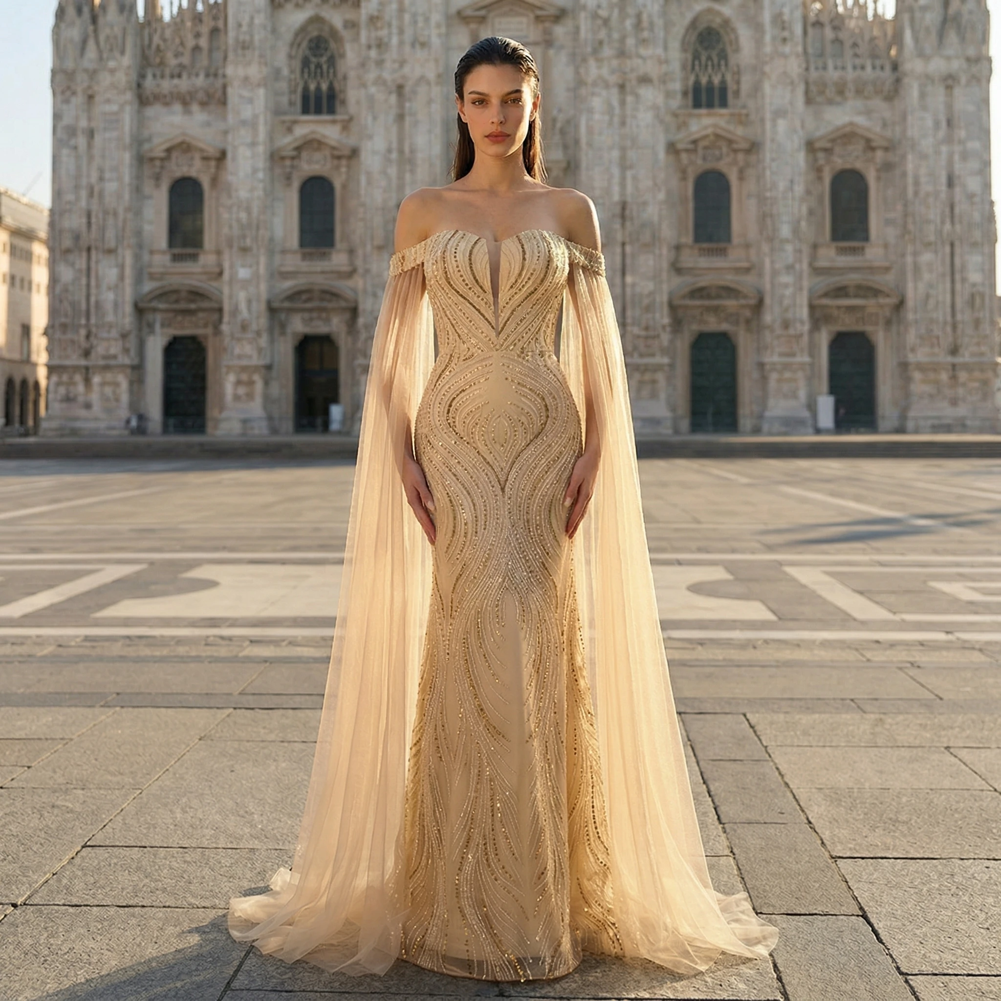 

Гламурное женское платье Gardenwed для выпускного вечера, платье-русалка с открытыми плечами и бисерной отделкой, прозрачная накидка, идеально подходит для гала-вечеров и свадеб