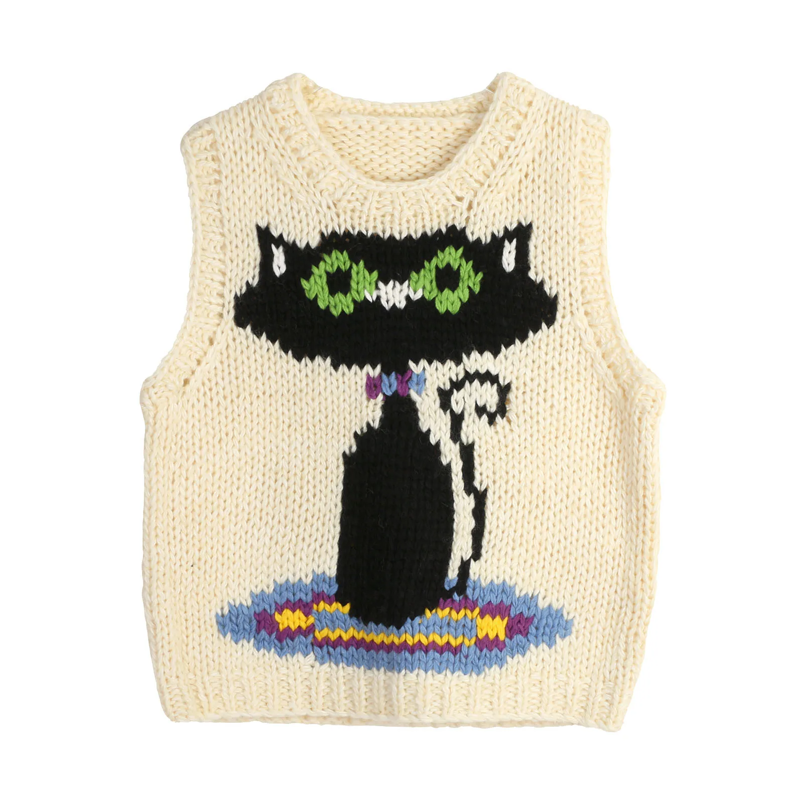 

Handmade Knit Vest With Black Cat Intarsia Graphic Cute Cartoon Cat Print Knitted Pullover Sweater Top