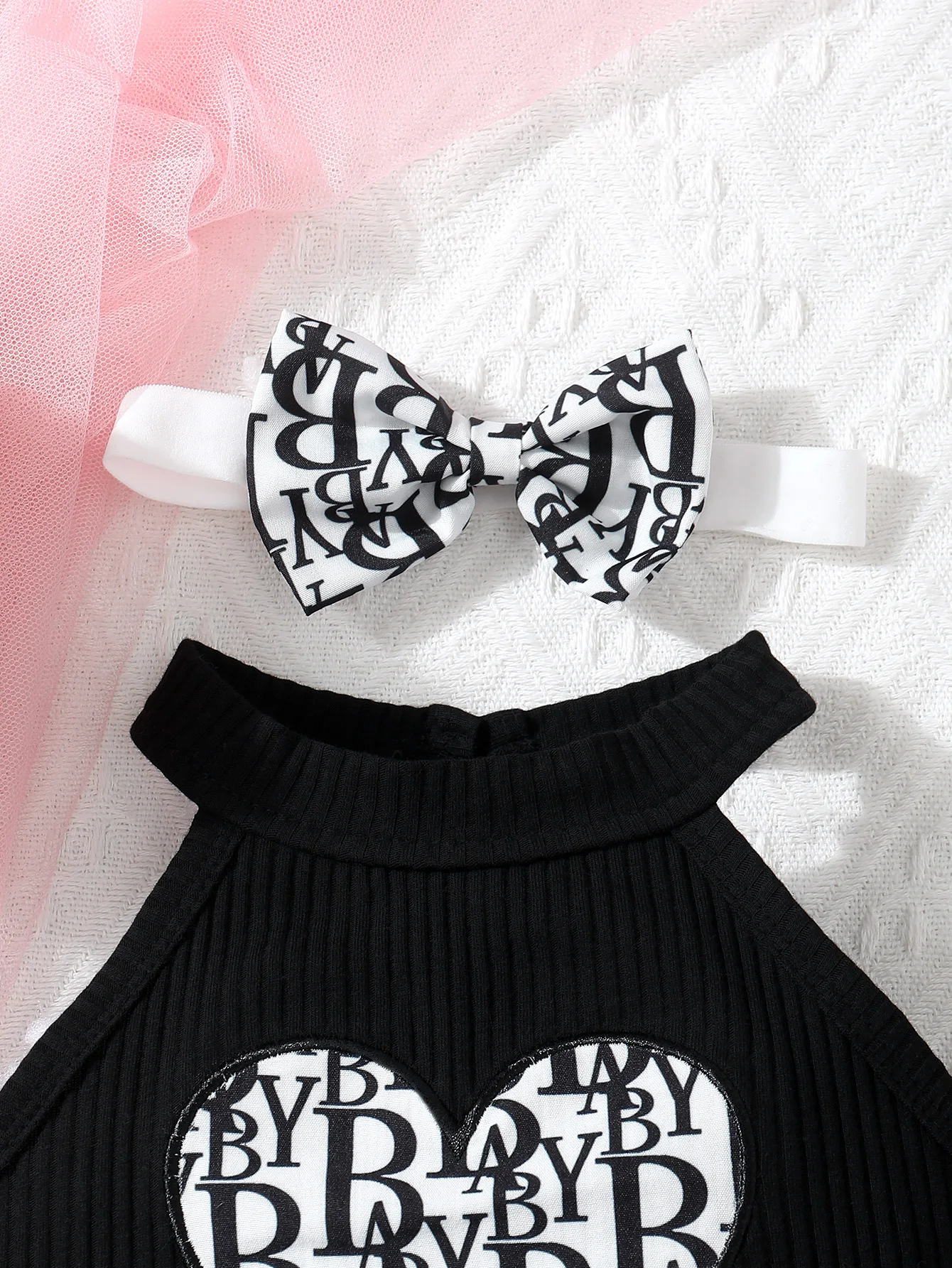 الوليد الصيف لطيف عارضة Lmitation العلامة التجارية المطبوعة الرقبة حزام أكمام أعلى ومزدوجة الدانتيل القوس مثلث السراويل مجموعة #3