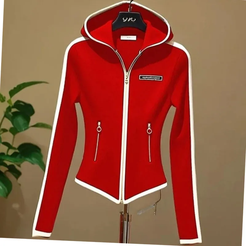 2025 Explosions Sports Casual Red Zipper Hooded Sweater Coat Women's Spring And Autumn Super Nice Waist-Shrinking And Slim Top