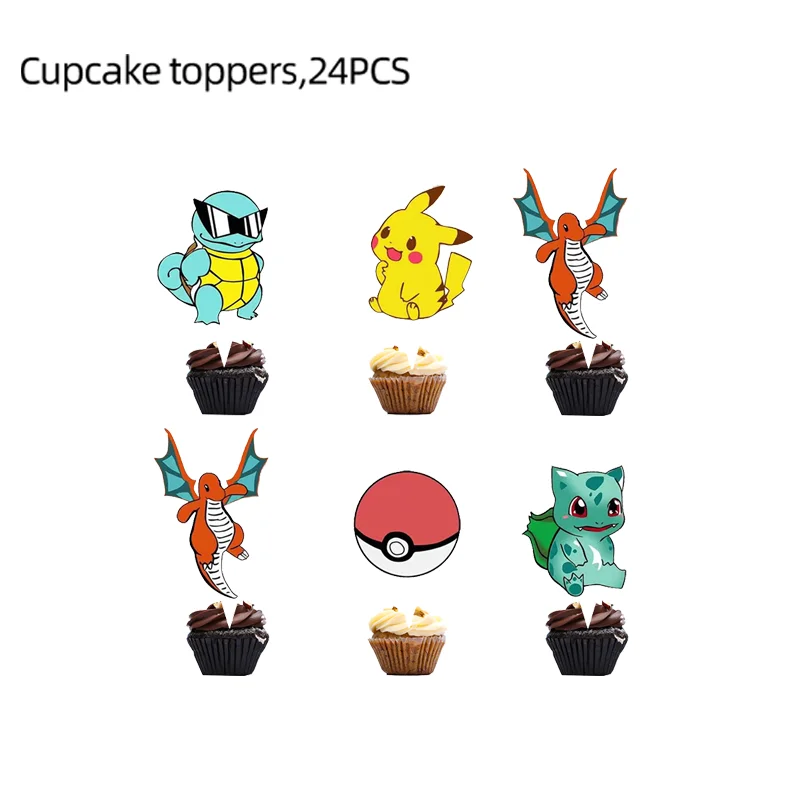 ベビーシャワー、カップケーキトッパー、pikachuフラッグ、ハッピーバースデーパーティー用品、24パック、人気のポケモンケーキデコレーション