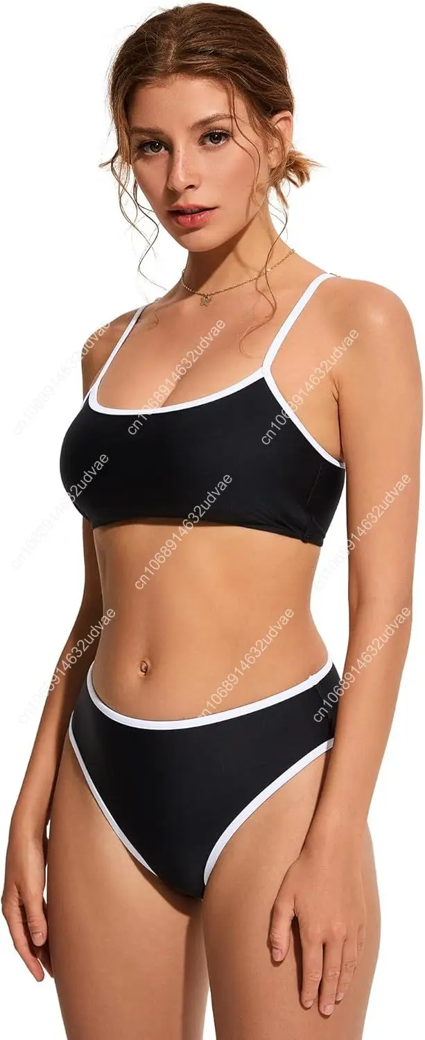 Women High Waisted 2 Piece Bikini Set Cheeky High Cut Bandeau Swimsuit