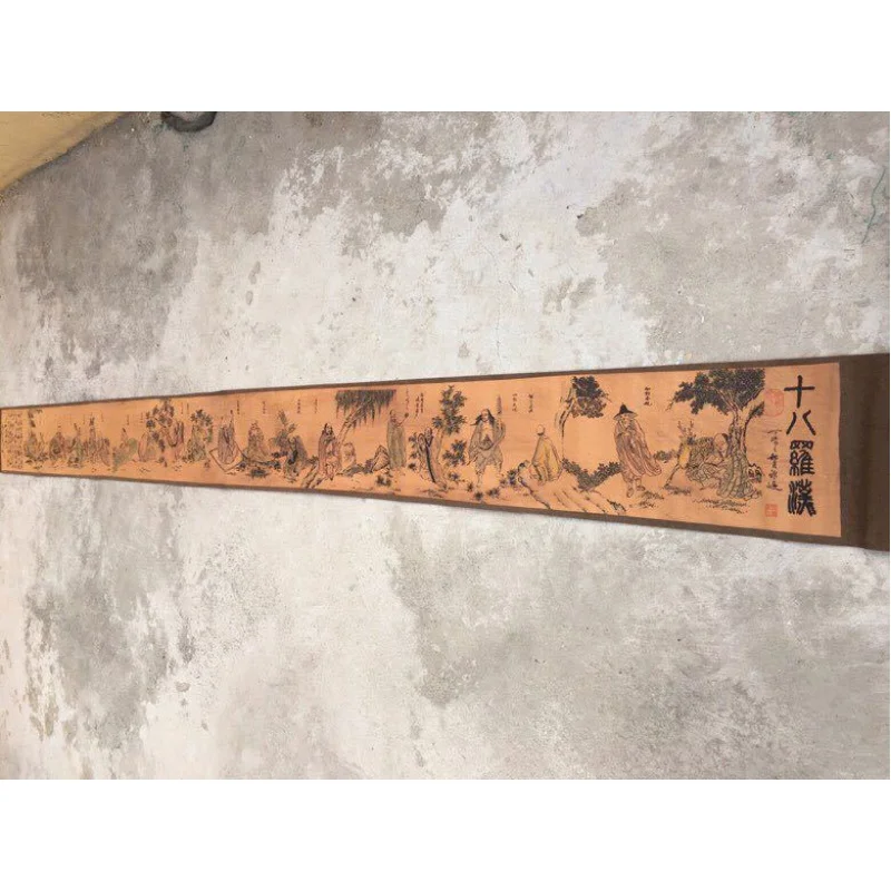 Antiques and Paintings Wholesale Antique Celebrity Long Scroll Painting the Eighteen Disciples of the Buddha Framed Indoor Mural