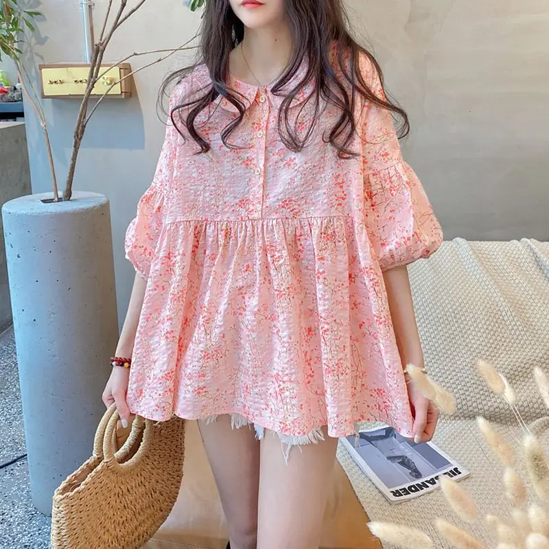 2024 New Peter Pan Collar Blouse Summer Korean Loose Sweet Fragmented Flower Button Spliced Ruched Lantern Sleeve Pullover Shirt