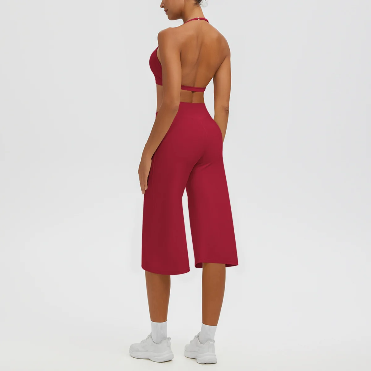 Women Yoga Set Halter Backless Sports Bra Wide Leg Capris Pants 2 PCS Outfit High Waist Workout Gym Fitness Tracksuit Activewear