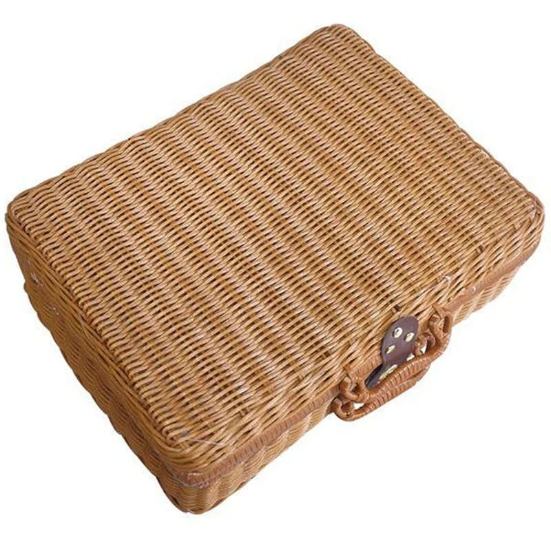 

Home Retro Straw Rattan Storage Box Picnic Travel Basket Suitcase Handbag