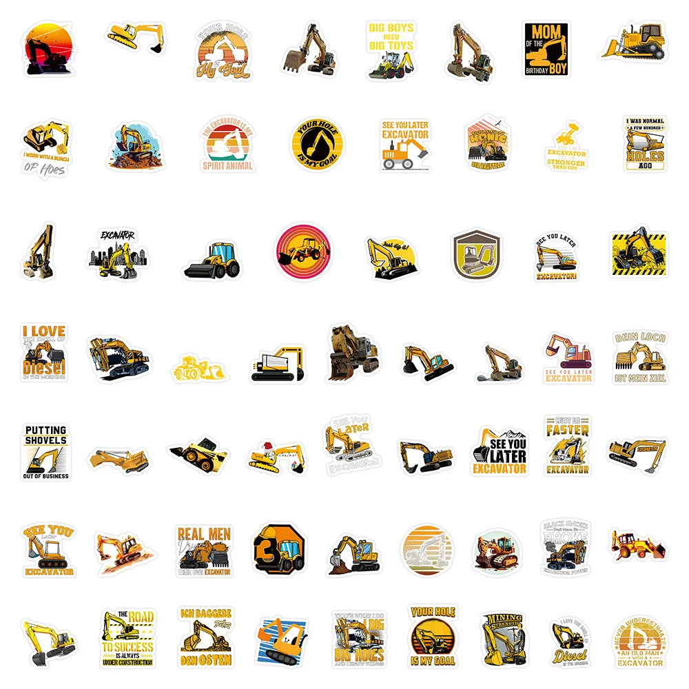 10/30/60pcs Funny Excavator Cartoon Stickers Digger Graffiti Decals DIY Scrapbooking Skateboard Phone Classic Kids Toy Sticker