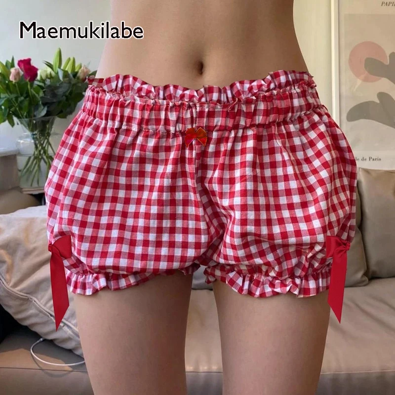 

Maemukilabe Cottage Ruffle Bubble Micro Shorts Preppy Coquette Mini Pumpkin Bloomers Y2K Bow Trim Puffball Poofy Ribbon Pants